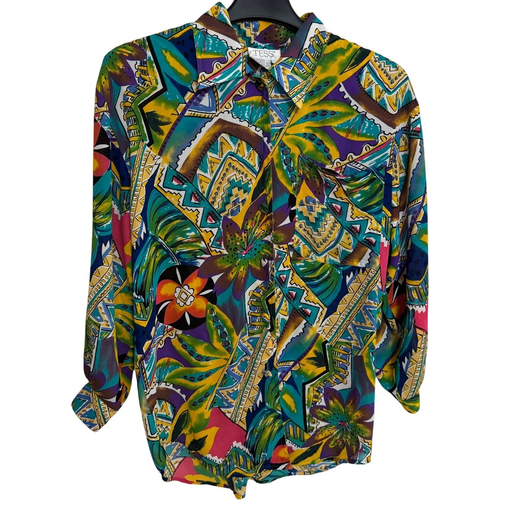 VTG Tess blouse top womens size 8 button‎ down floral polyester vacation Summer
